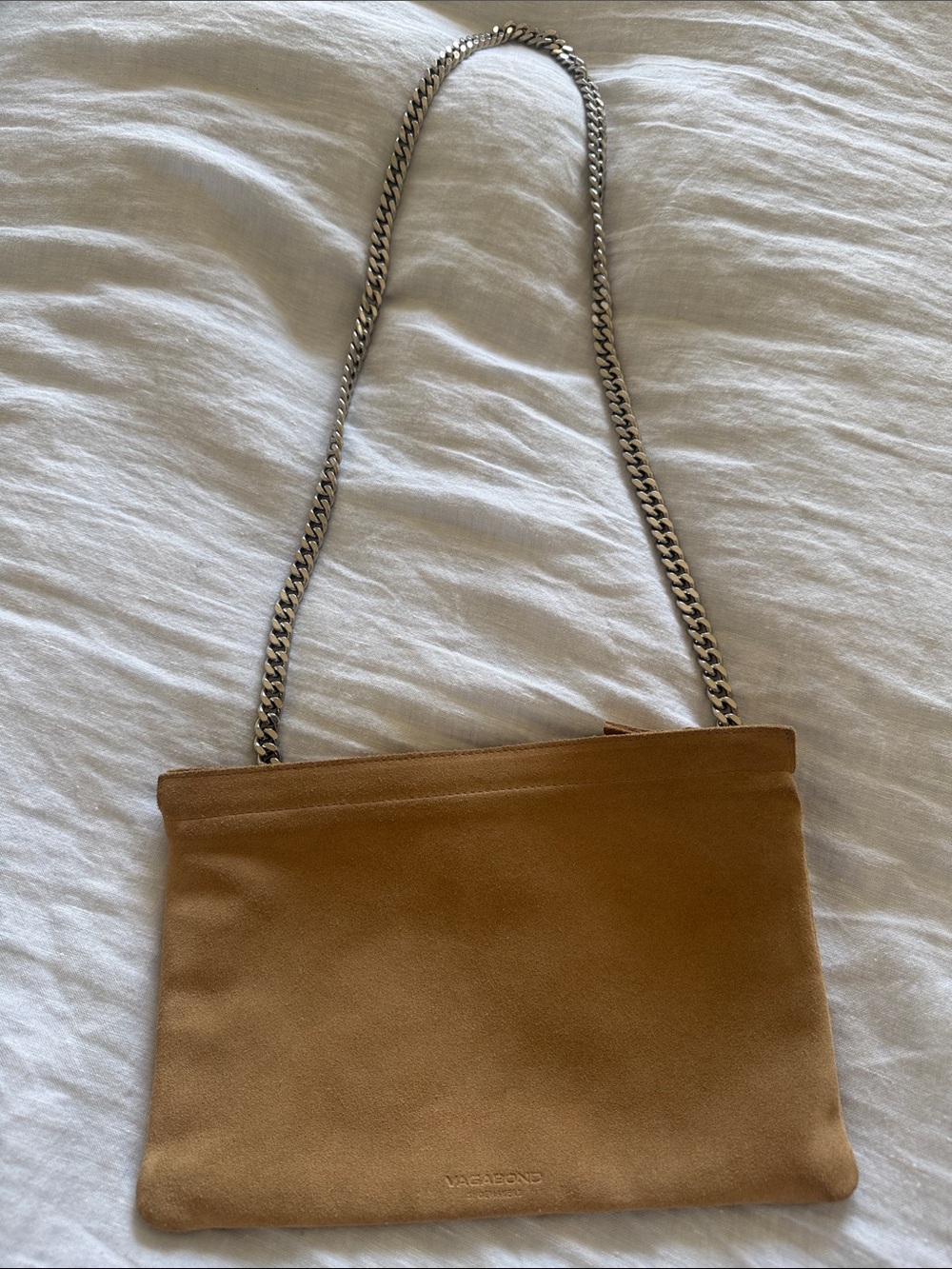 Vagabond Tan Suede Crossbody with Silver Chain Strap